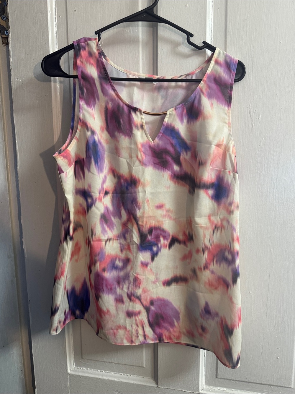 Calvin Klein Cream Sleeveless Blouse with Purple & Pink Watercolor Print